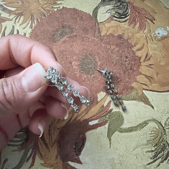 vtg 60s rhinestone pierced dangle earrings shiny delicate feminine romantic glam - Picture 6 of 7